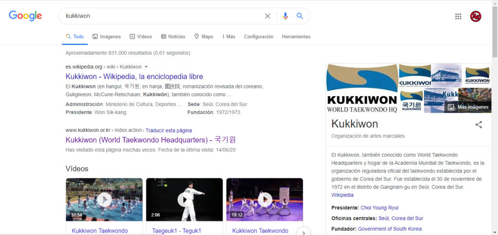 Vista de como Google muestra la información de Kukkiwon de forma destacada